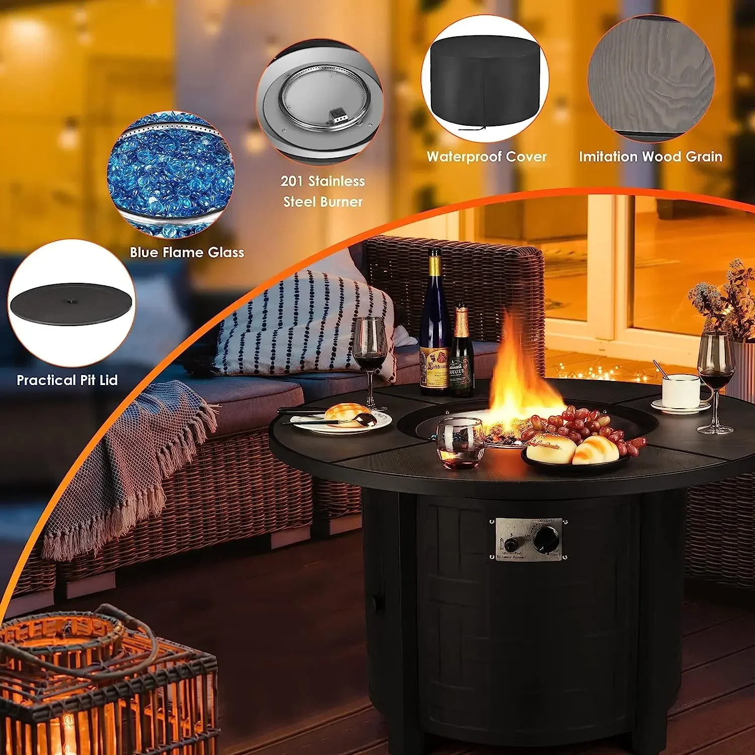 30/42 inch Round Gas Fire Pit, 50,000 BTU Steel Outdoor Fire Tables, Fire Table with Lid, Add Warmth & Ambience to Gatherings