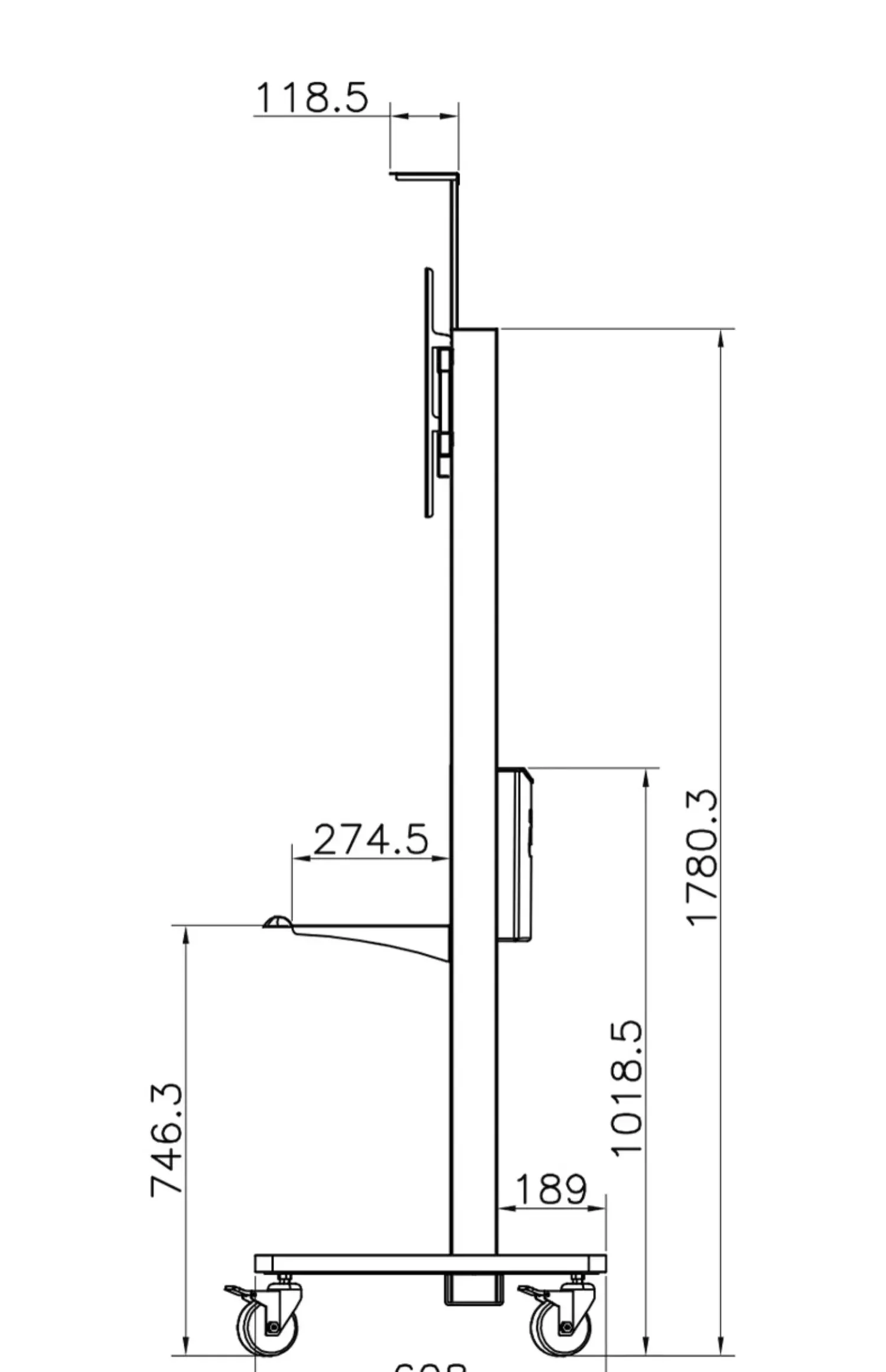 TV Mobile Rack Cart hinten hängende Kunststoff box Front ablage