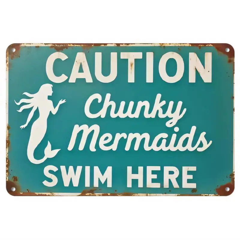 Vintage Distressed Teal Metal Tin Sign - Funny Chunky Mermaids Swim Here & Mermaid Silhouette, Retro Coastal Wall Decor for Bath