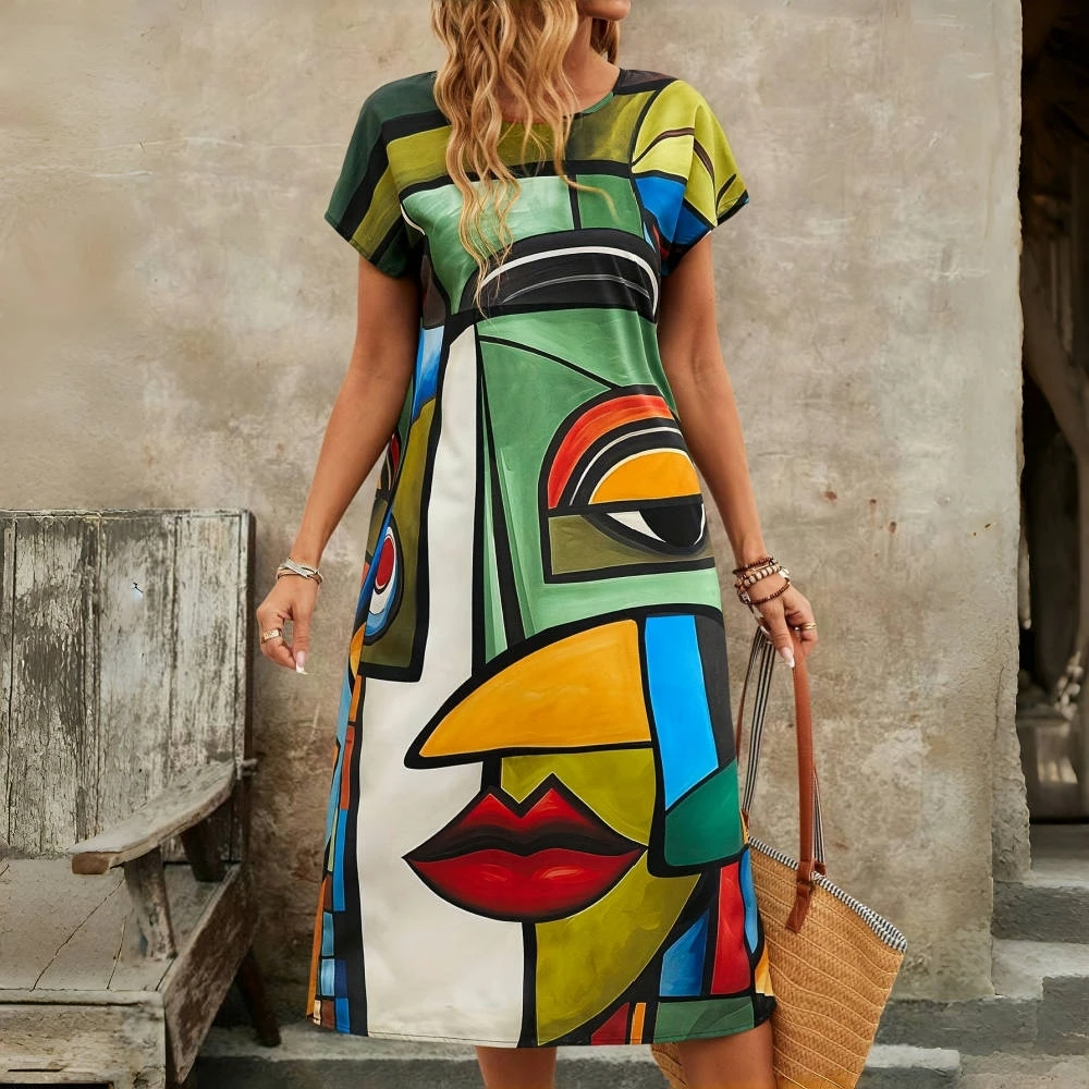 

Abstract Art Women's Dresses Fashion Designer Short Sleeves Dresses Daily Casual Loose Women Clothing O-neck A-line Skirt