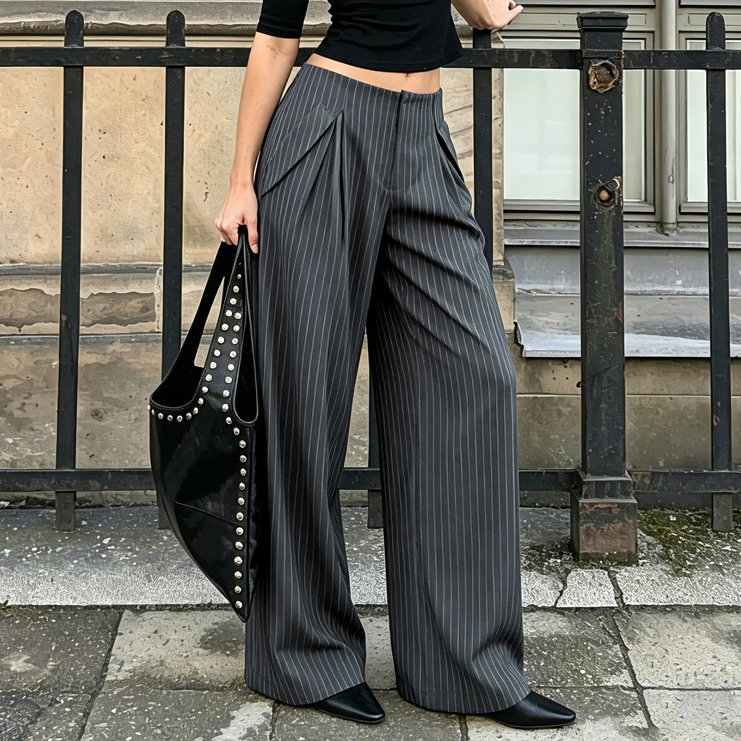 SUCHCUTE Y2K Vintage Women Low‑Rise Pinstriped Suit Pants Front Pleat Detail Loose Wide Leg Straight Casual Long Trousers Office