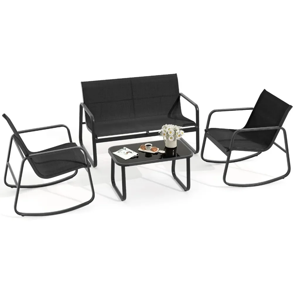 

4 Piece Patio Furniture Set, Small Backyard Bistro Rocking Chairs,Loveseat and Glass Table,Outdoor Conversation Set (Black)