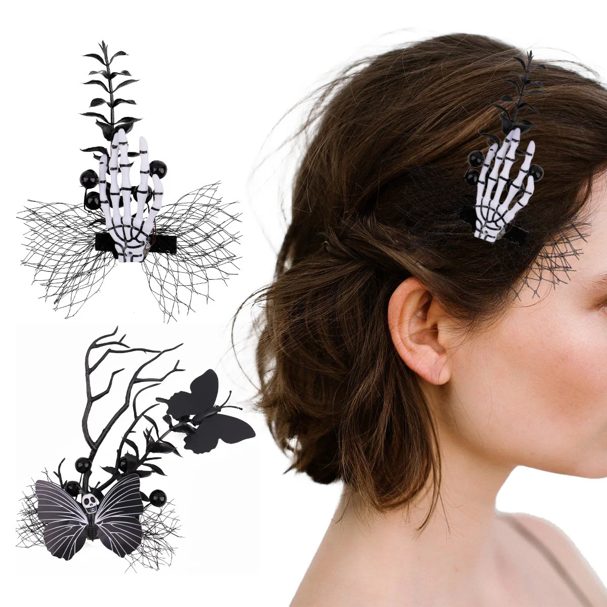 

Retro Cloth Bone Claw Hair Clip Skeleton Hand Hairpin Prom Dress Up Butterfly Wither Side Clip Decoration Halloween Headwear Toy