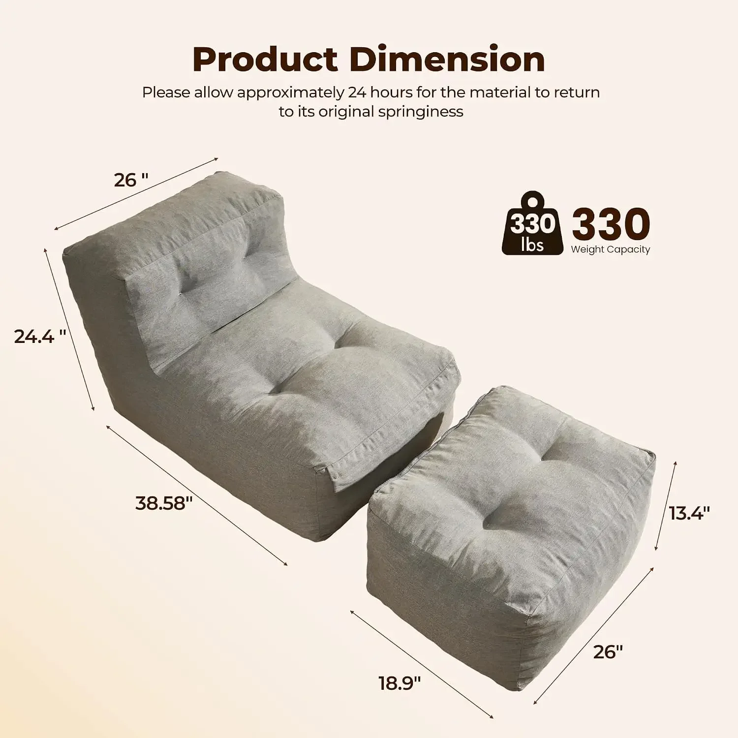 Outdoor Indoor Bean Bag Chair with Ottoman, Beanbag Daybed Sofa (Grey) | 2 in 1,No Assembly Required,Splash-Proof,Foam Filling,L