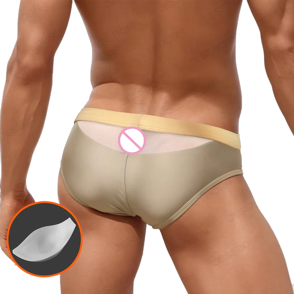 

Men's New Mesh Stitching Solid Color Swimming Briefs Summer Fashion Low Waist Sexy Beach Surf Quick Dry With Push Pad Bikinis