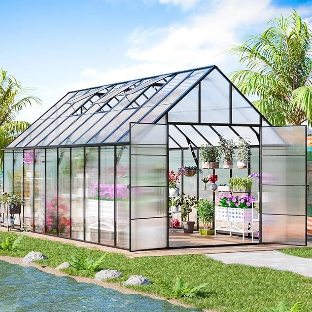 20x10x10 FT Greenhouse, Aluminum Heavy Duty Polycarbonate Greenhouses Kit W/4 Vent Window, Swing Door, Greenhouse