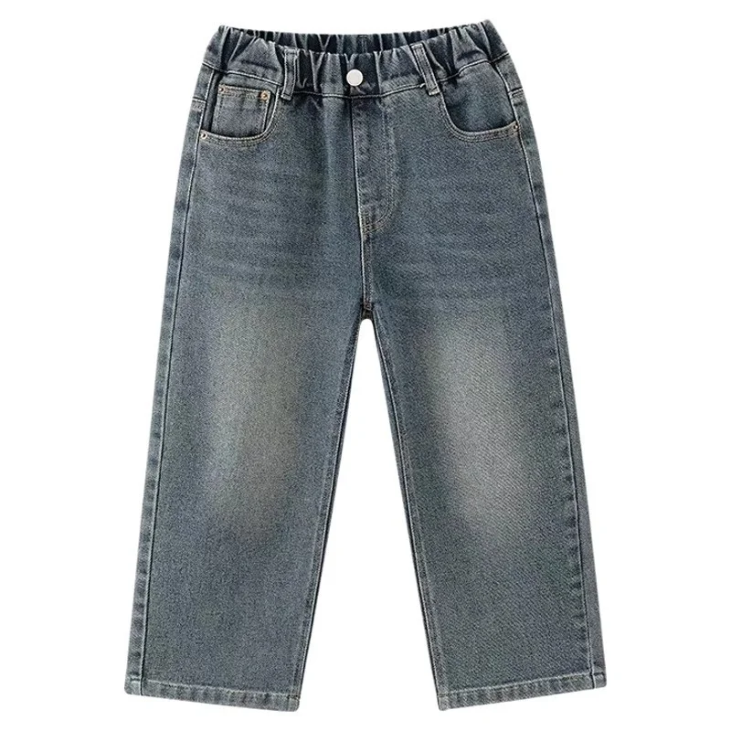 Kids Pants Boys Korean Childrens Pocket Clothing 2025 Spring New Trousers Straight Wide Legs Jeans Spring New High Quality 4-14T