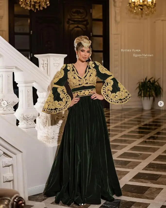 Army Hunter Green Velvet Caftan Evening Formal Dresses with Long Sleeve 2024 Karakou Algerien Prom Dress Moroccan Kaftan