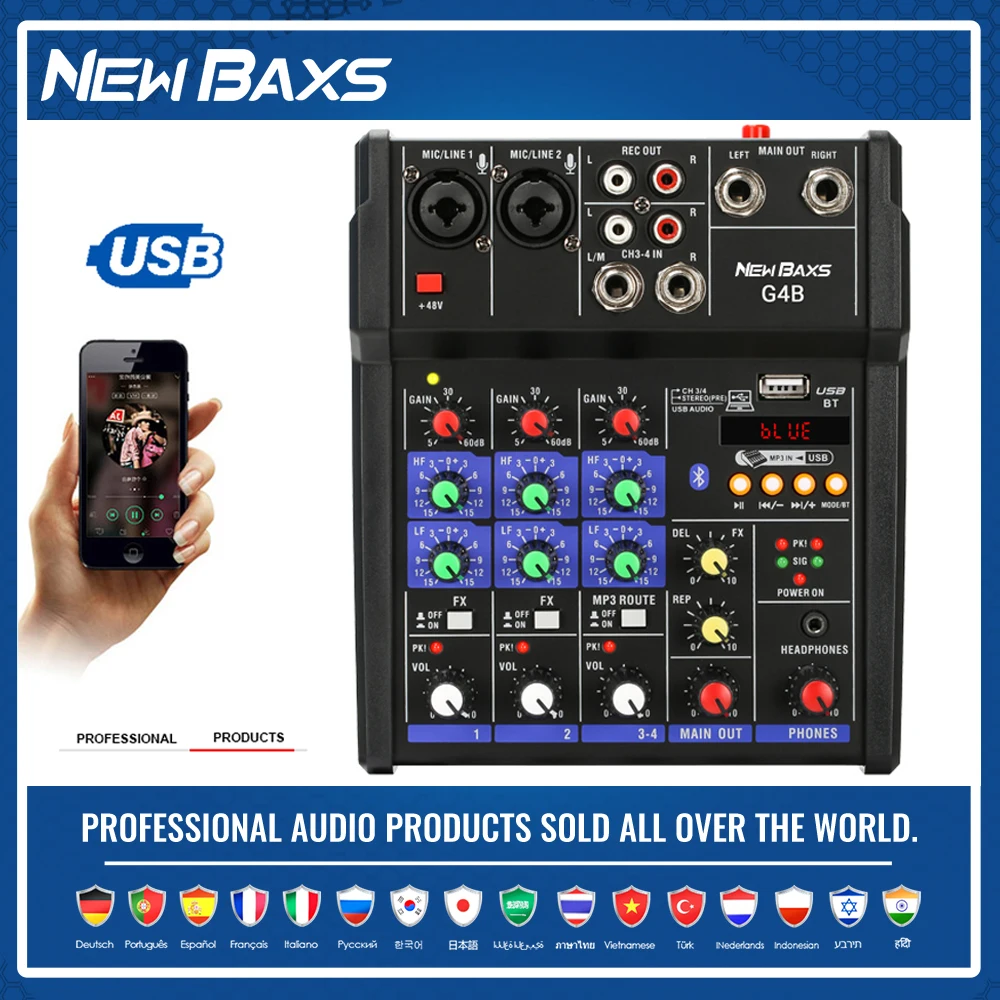 

4 Channel DJ Mixing Console Sound Mixer Bluetooth USB Connect Stereo Tuning Equipment for Audio Mixer Professional Studio