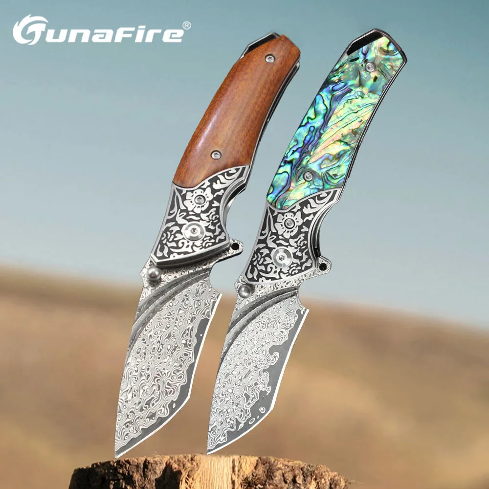 Tunafire Damascus Folding Pocket Knife High hardness Survival Tools Wood Handle Bearing Quick Pocket Knives