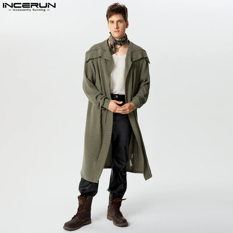 2024 INCERUN Knitted Large Lapel Cardigans Autumn Long Sleeve Solid Color Coats Men Casual Well Fitting Knee-length Sweaters