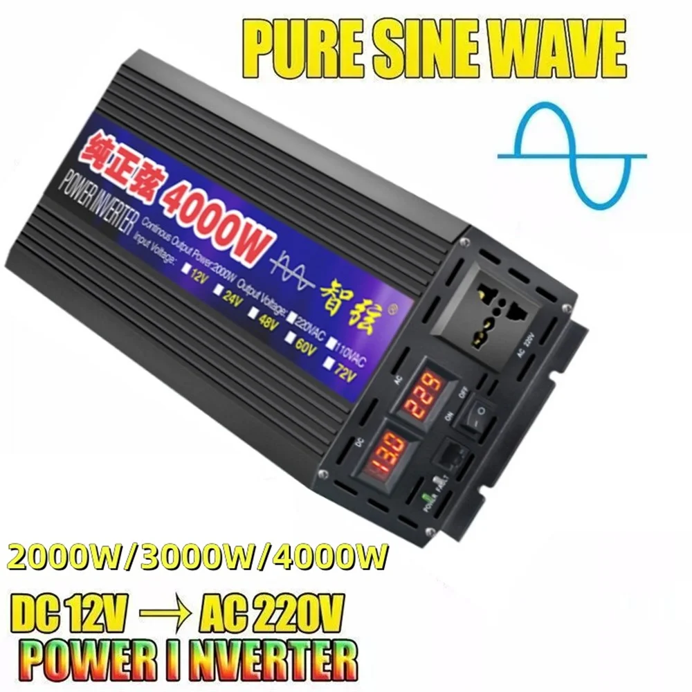 2000W/3000W/4000W Pure Sine Wave Inverter DC 12V/24V/48V to AC 220V 50hz Voltage Converter Car Solar Power Inverter