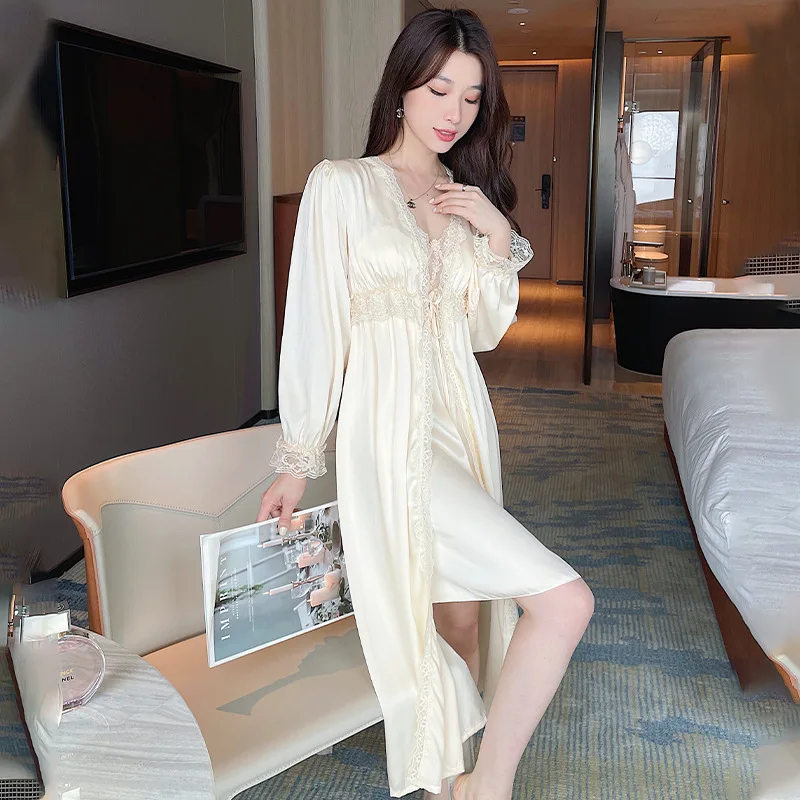 Twinset Robe Gown Set Sexy Women Sleepwear Lace Kimono Bathrobe Nightdress Sleep Suit Satin Home Dress Nightgown