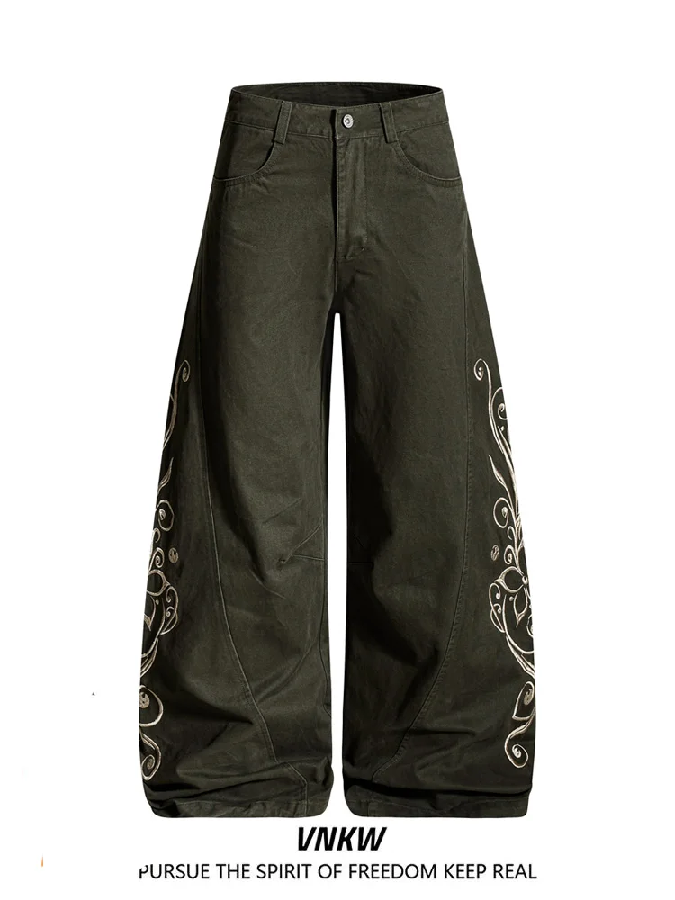 

Casual Loose Men's Jeans with Floral Embroidery Knife Wide Leg Workwear Pants Drapey Comfortable Cotton Trousers