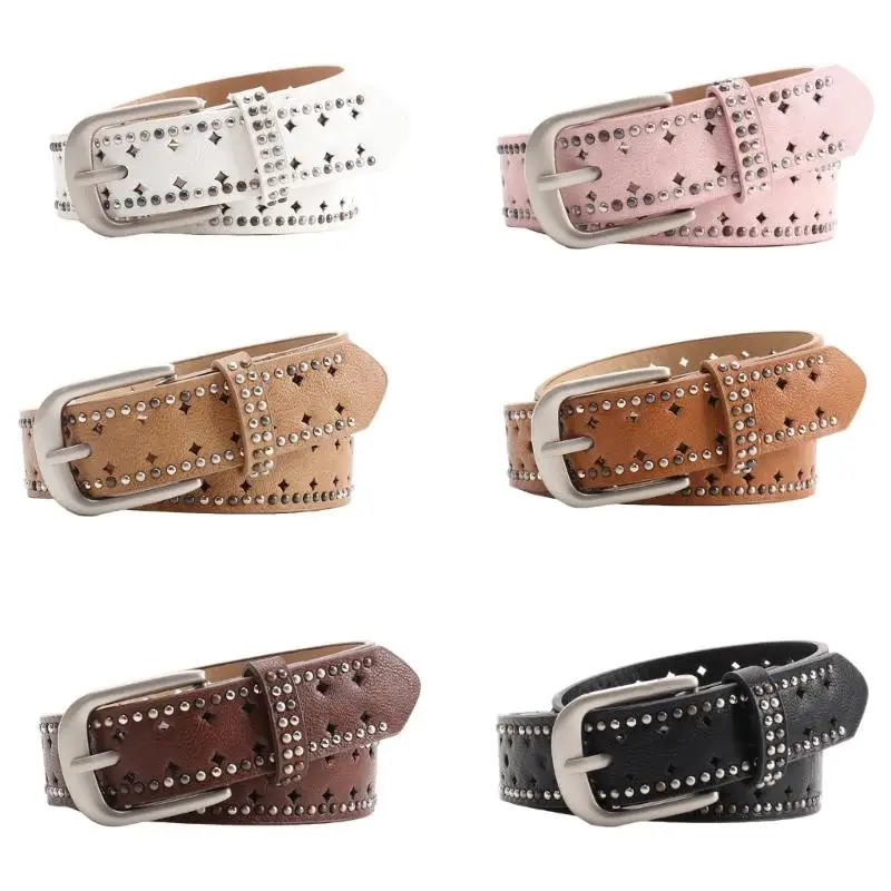 

39BD Punk Styles Women's Adjustable Belt With Studded Design PU Leather Strap For Casual Wear
