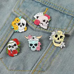 Flower Bush Skull Enamel Pins Custom Skeleton Brooches Lapel Badges Colorful Punk Gothic Jewelry Gift for Friends