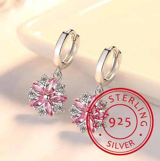 

New Fashion Women Earring Trendy Cute Pink Flower Round Pendant AAA Cubic Zirconia Earings Wedding Party Jewelry Gift Accessorie