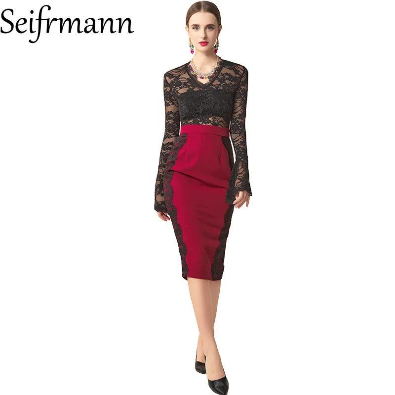 

Seifrmann 2026 Летнее женское модное платье с V-образным вырезом, длинными рукавами, кружевными вставками и приталенной талией, с эффектом утяжки на бедрах