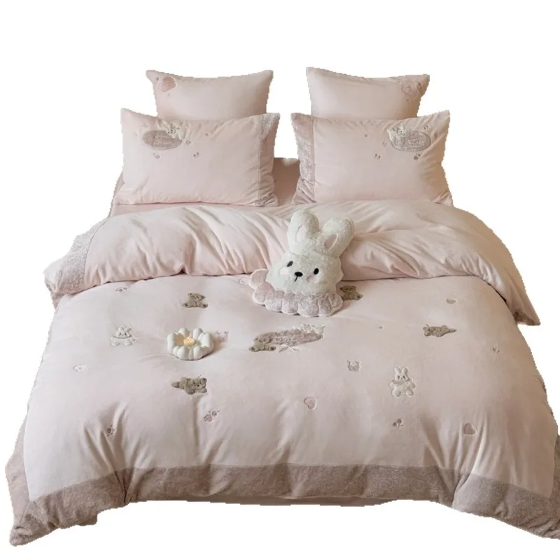 Cartoon cute rabbit fur milk fleece patch embroidery four-piece set soft and skin-friendly girl heart thickened winter bedding