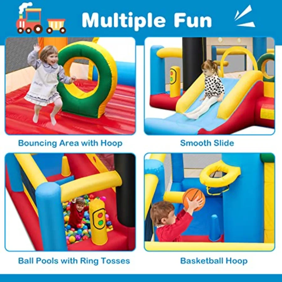Opblaasbaar springkasteel, treinthema kinderspringkasteel met glijbaan ballenbak basketbalrand, binnen buiten opblaasbare hindernis