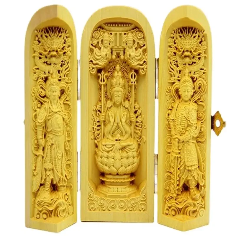 Decorated 100% Boxwood Highly Difficulty Carved God Of Wealth Statue Folding Box Thousand-hand Bodhisattva