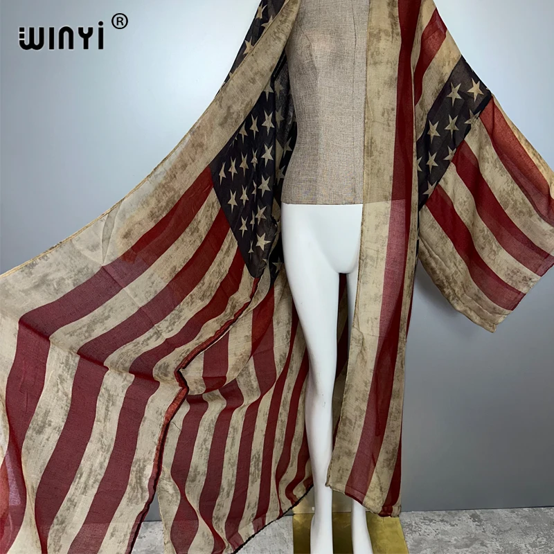 WINYI ملابس الصيف كيمونو أفريقيا موضة طباعة الشاطئ التستر فستان ريترو بالأزرار ملابس الشاطئ النساء عباية دبي قفطان فاخر