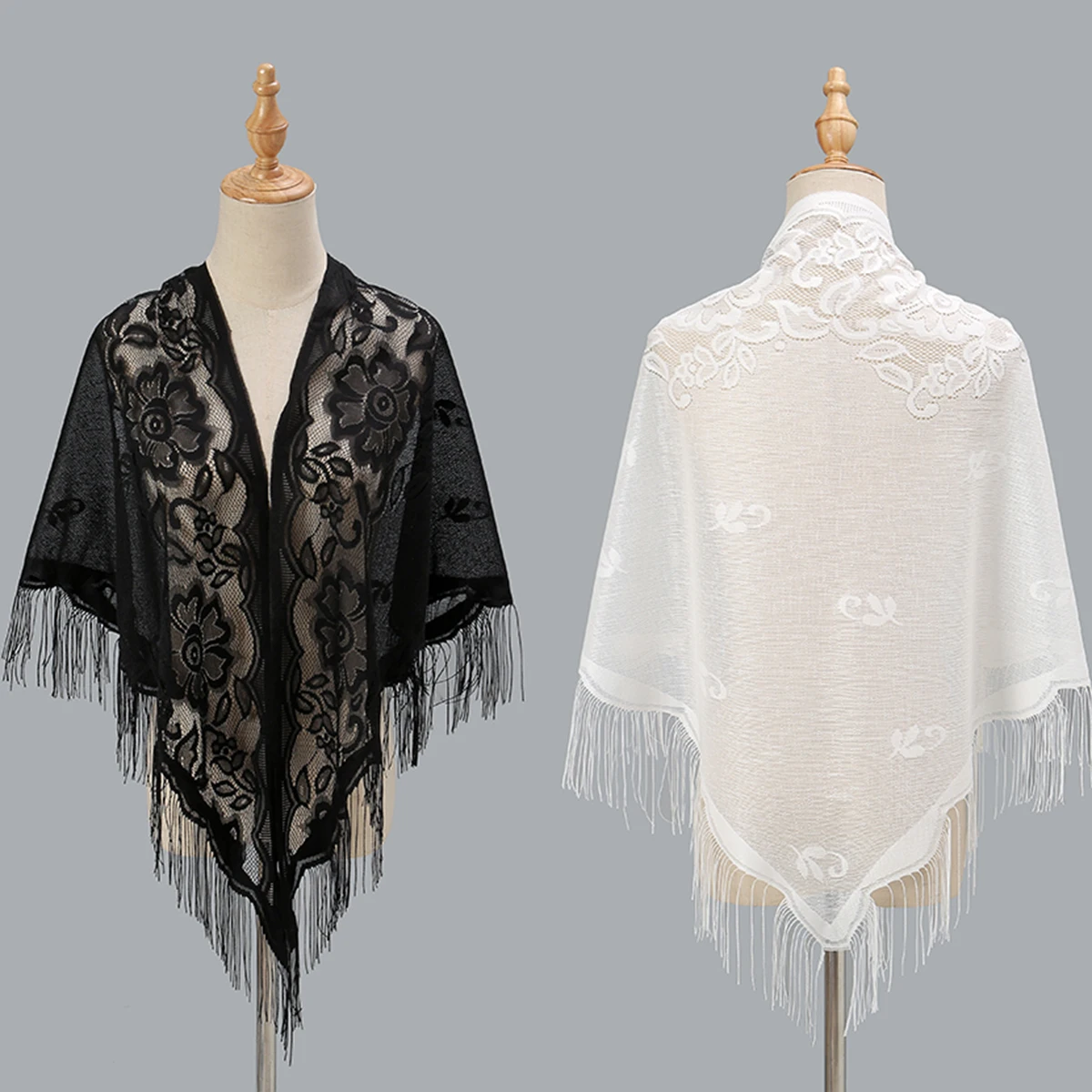 Fashion Triangle Scarf Solid Lace Hollow Female Summer Shawls Mesh Tassel Stoles Wedding Evening Dress Sunscreen Shawl