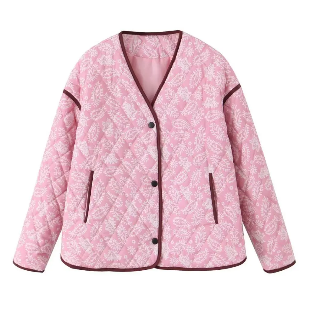 

Women's V-neck Printed Quilted Cotton Jacket Loose Casual Stitching Cotton-Padded Coat Autumn European American Style