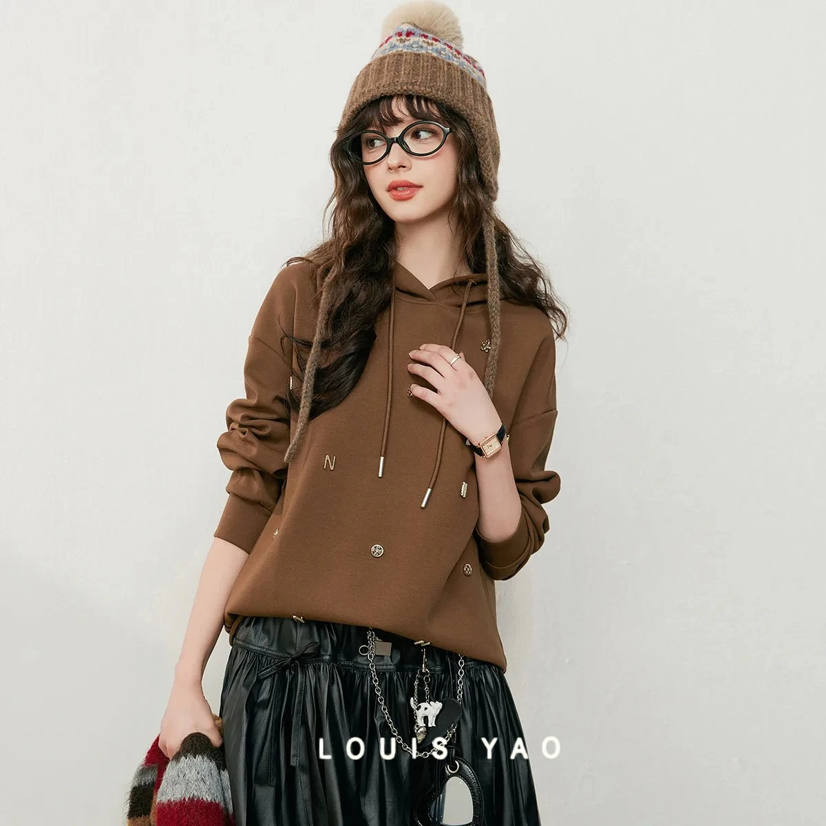 LOUIS YAO New Handmade Accessories Women's Hoodies 2025 Autumn Shoulder Sleeve Micro Elastic Sweatshirts Loose Long Sleeve Tops