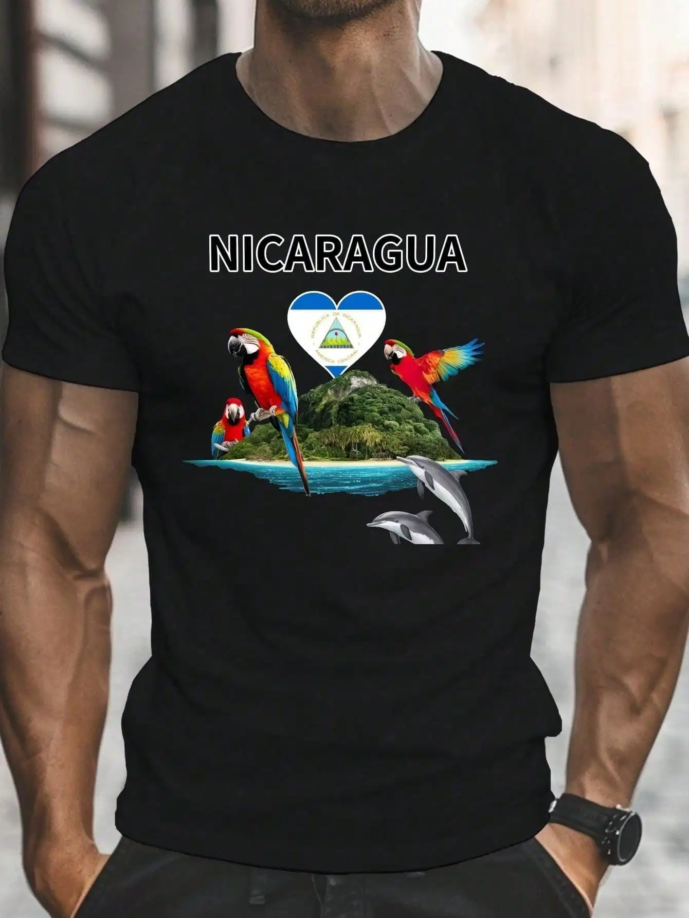 

Men's Nicaragua Graphic Tee - Casual Crew Neck Short Sleeve, Lightweight Polyester Summer Shirt with Tropical Print