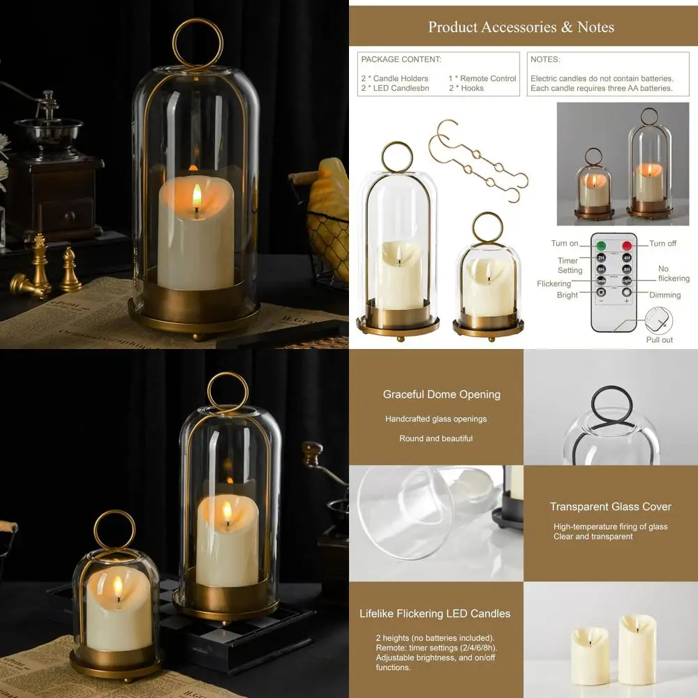 

5"&4" Metal Candle Holder with Handmade Glass Dome in Brass & 2 Timer Candles, Set of 2 Versatile Hurricane Glass Candle Holders
