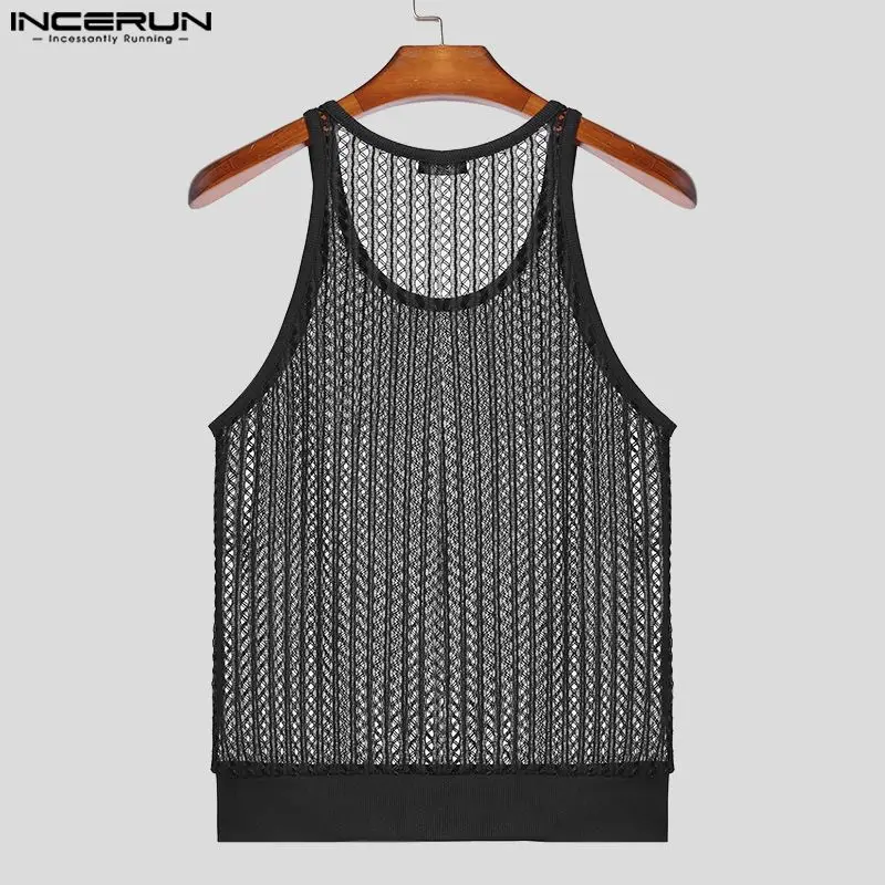 INCERUN Men Tank Tops Mesh Hollow Out Transparent O-neck Sleeveless Male Vests Streetwear Summer 2024 Sexy Fashion Men Clothing