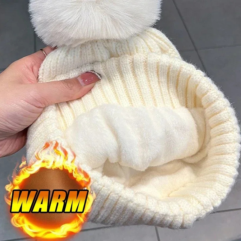 Winter Warm Female Fur Pom Poms Hat Winter Hat for Women Girl \'s Cap Knitted Classic Beanies Cap Hats Thick Women Skullies