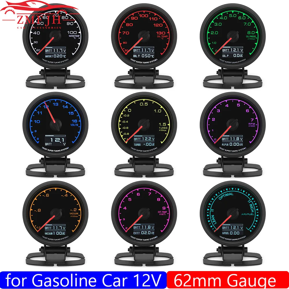 

7 Color 2.5" 62mm Turbo Boost Meter Oil Pressure Gauge RPM Water Temp Tachometer Voltage Air Fuel Ratio Digital Racing Meter 12V