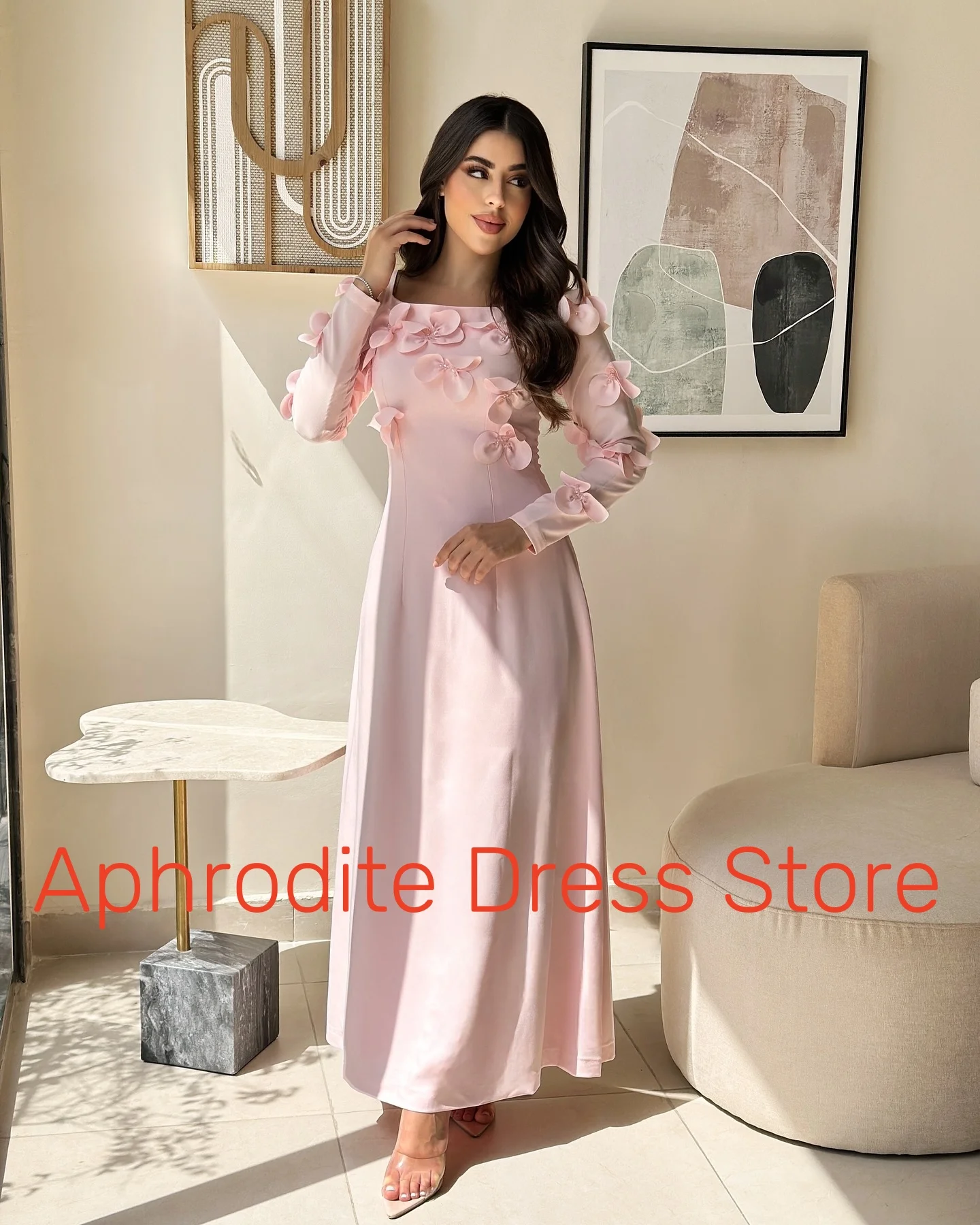Customized Graceful Jersey 3D Flowers Evening Dresses Delicate Long Sleeves Square Neck Cocktail Dress Custom Size Par