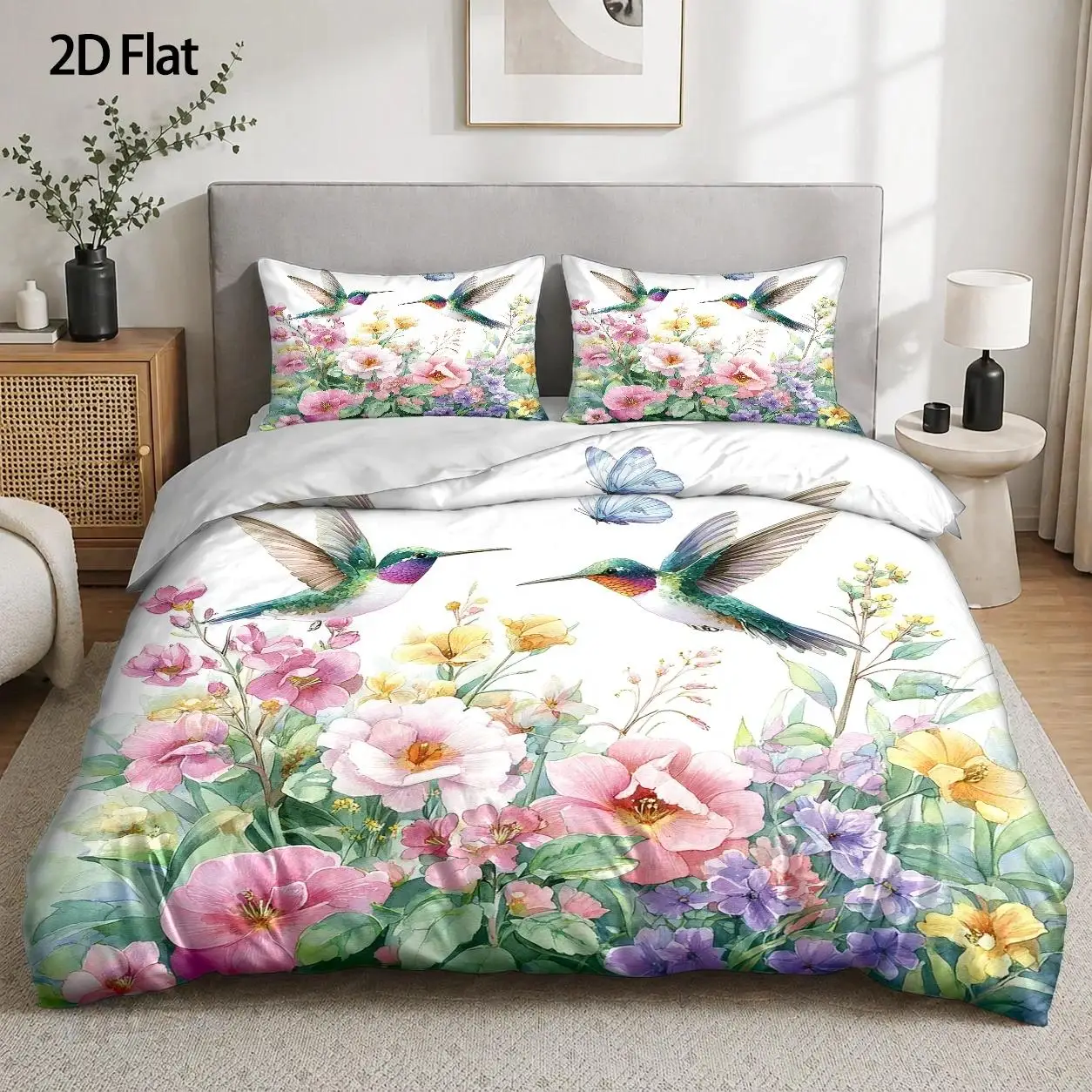 Hummingbird Flower Sea Duvet Cover Set 3 Piece Double Bed Polyester Breathable Invisible Zipper Duvet Cover 2 Pillowcases Student Dorm