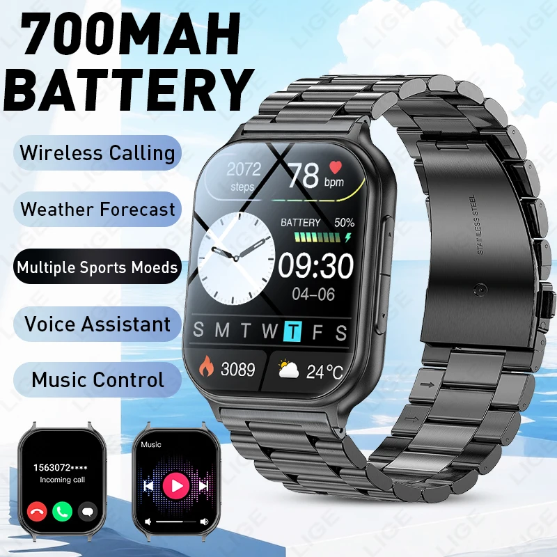 

Новые умные часы LIGE с аккумулятором 700 мАч, 1.83'' HD-экран, голосовой помощник, множество спортивных режимов, водонепроницаемые смарт-часы для мужчин