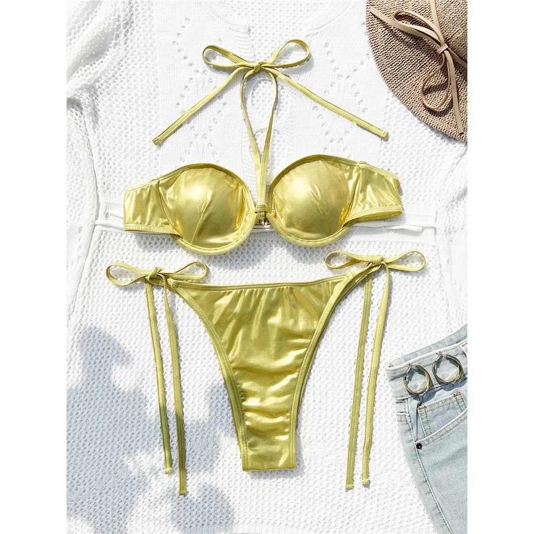 PU-Kunstleder, Bügel-Bikini mit V-förmigem Schnitt, Damen-Badebekleidung, zweiteiliger Bikini-Set, Badeanzug, Badebekleidung, Modell V5339. – Detail 11