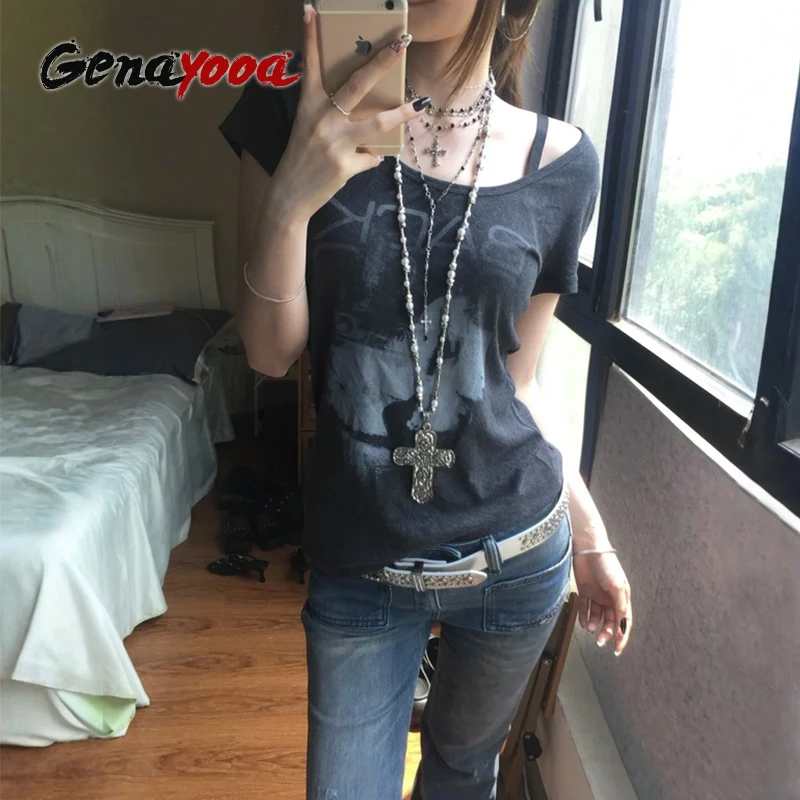 

Genayooa американская ретро футболка женские эластичные топы с короткими рукавами и графическим принтом уличная одежда японские топы в стиле гранж Y2k эстетические