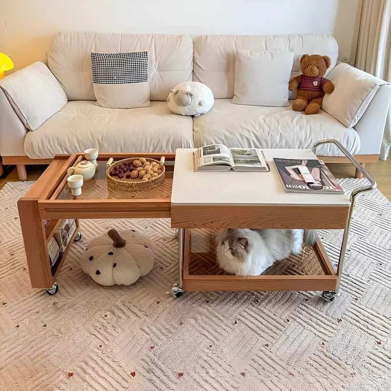 Mesa de centro móvil para apartamento pequeño, sofá japonés, mesa de té con carrito para el hogar de madera maciza para sala de estar