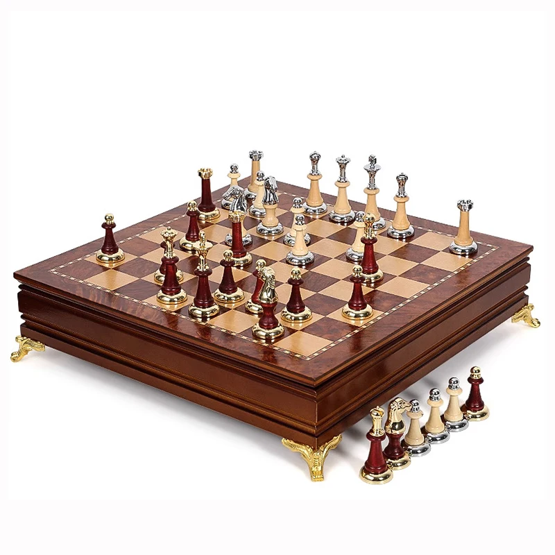 European Style Luxury Chess Set Board Games Weighted Metal Chess Pieces Solid Wood Chessboard Decorative Chess Home Decoration