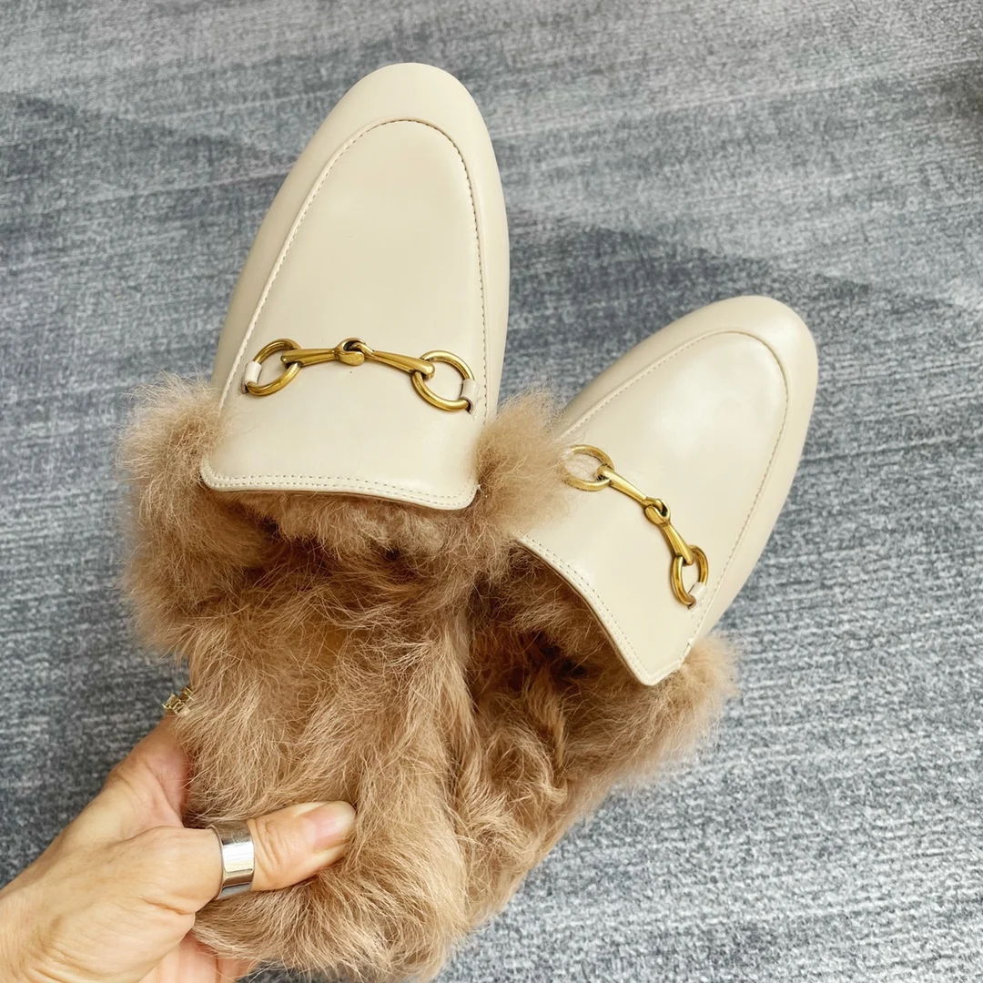 Top grade cowhide material round toe flat bottom half slippers, wool outdoor anti slip casual shoes,metal buckle fashion sandals