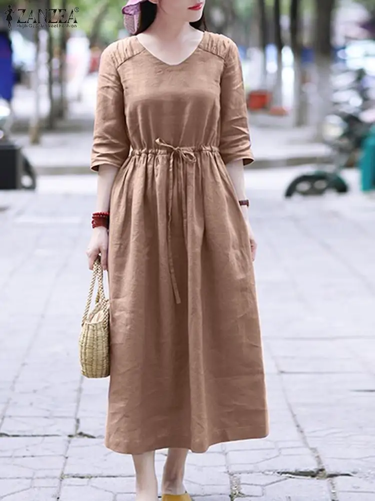 ZANZEA Summer V Neck 3/4 Sleeve Sundress Women Elegant Solid Party Work Dress Drawstring Waist Casual Loose Vestidos Robe Femme