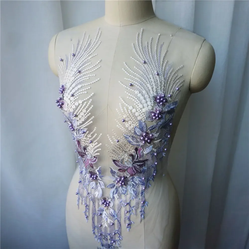 Purple Lace Fabric Flower Tassel Beads Rhinestone Embroidered Gown Appliques Collar Mesh Sew Patch For Wedding Decoration DIY