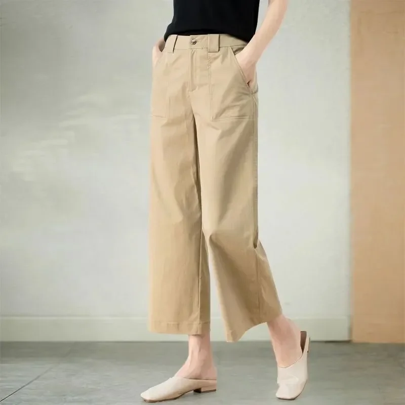 

Straight Pockets Zippers Button Solid Fashion Casual Loose High Waist Simplicity Wide Leg Calf-length Pants Women Clothing E101