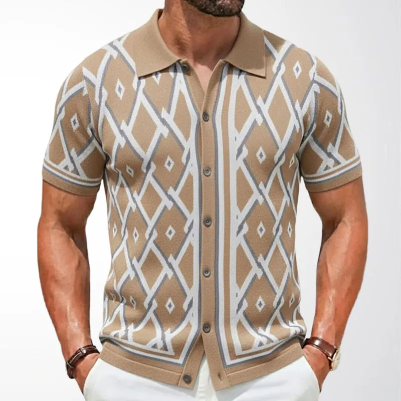 Summer Men Clothes Knitted Cardigan Polo Shirts Geometric Jacquarded Short Sleeve T-shirt Single Breasted Lapel Male Tops SY0033