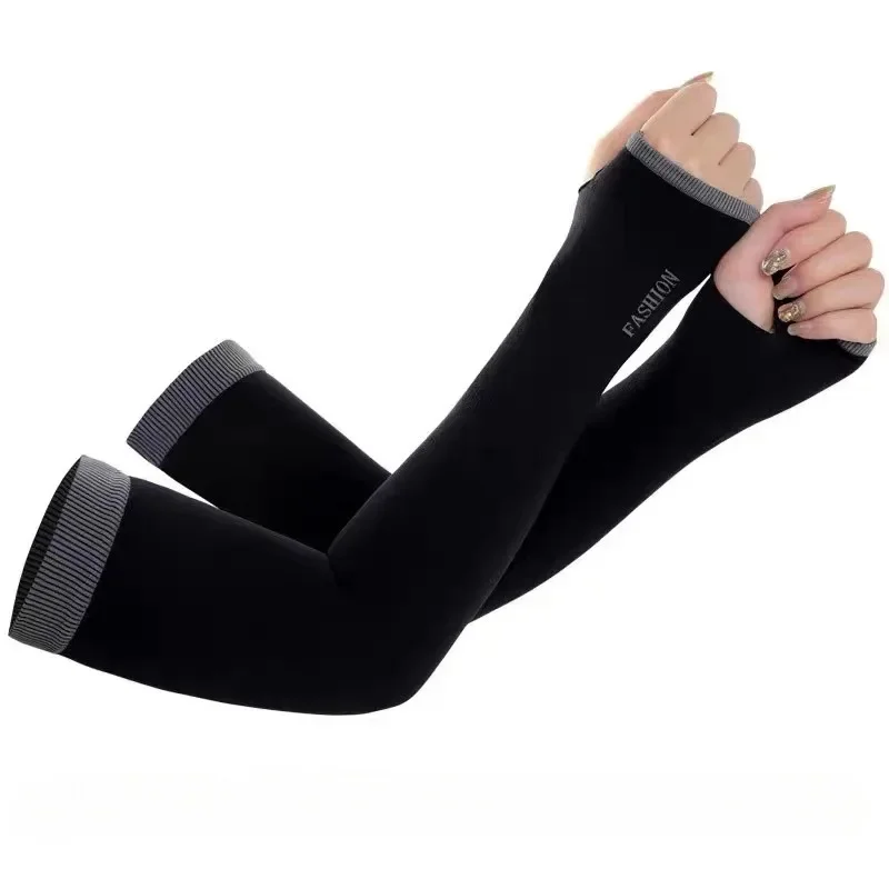 ผ้าไหมน้ําแข็งแขนผู้หญิงฤดูร้อนป้องกันแสงแดดผู้ชายตกปลาขี่จักรยานBreathableสองนิ้วถุงมือกันลื่นแขนอุ่นขับรถแขน