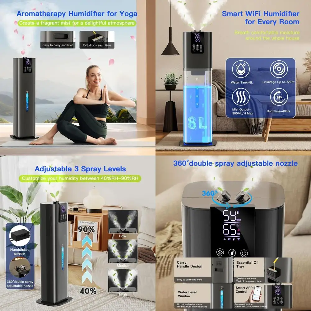 مرطب غرفة نوم كبيرة، رذاذ بارد سعة 8 لتر، تشغيل هادئ، تعبئة علوية، تحكم ذكي، 3 سرعات، 360 درجة ° فوهة الرذاذ، مثالية للطفل #1