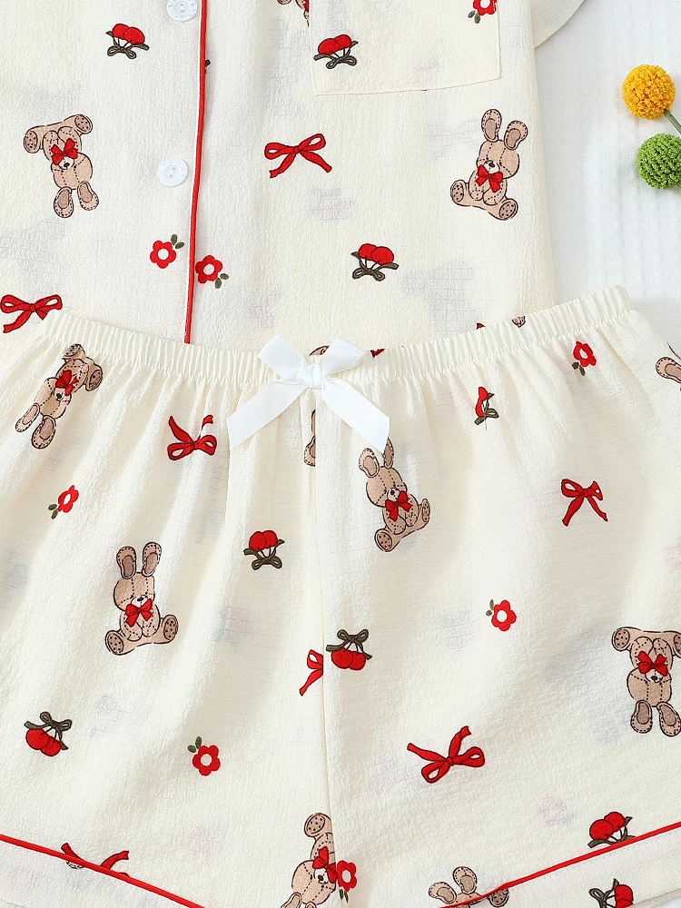 

Summer Lightweight Loose Women's Spwear Set with ort Sves And orts Cartoon Print Home Clothes Knot Cardigan