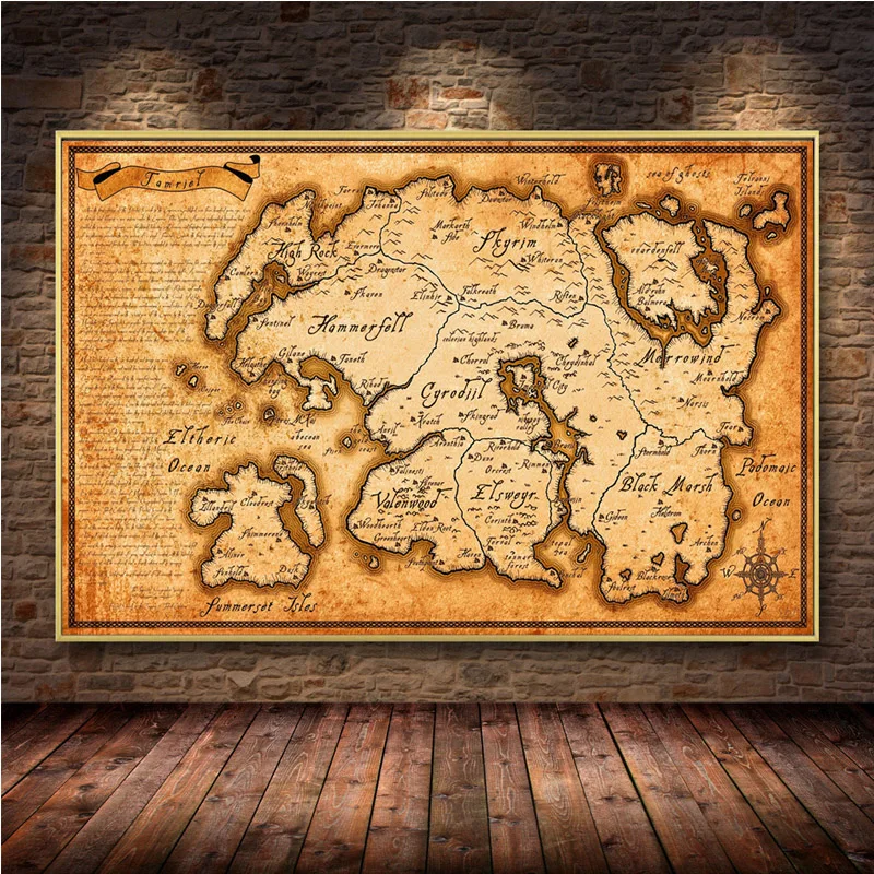 Map Elder Gaming Scrolls Large Video Vintage Hot S-Skyrims Poster Prints Canvas Painting Wall Art Picture Living Room Home Decor